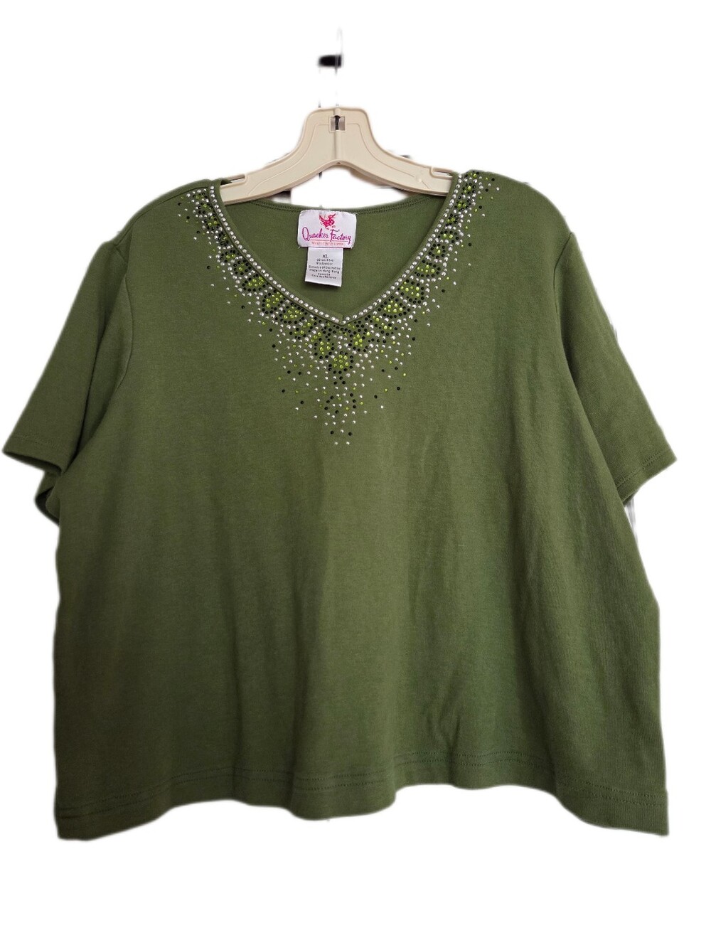 Quacker Factory Green Embellished Top Boho Whimsy Y2K Size Large